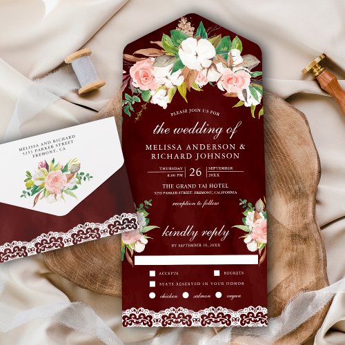 Magnolia Cotton Blush Pink Floral Burgundy Wedding All In One Invitation