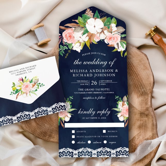 Magnolia Cotton Blush Pink Floral Navy Wedding All In One Invitation (Creator Uploaded)