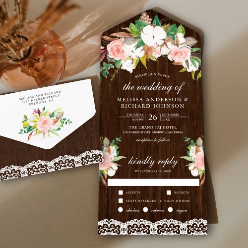Magnolia Cotton Blush Pink Floral Wood Wedding All In One Invitation