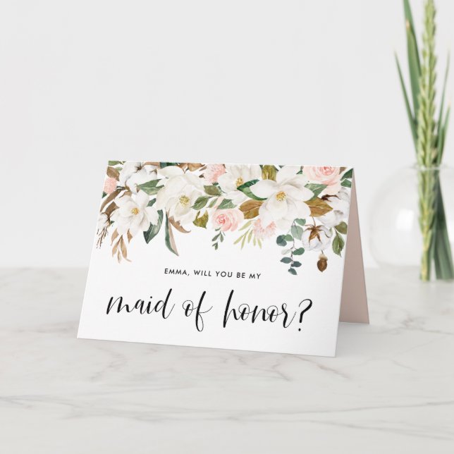 Magnolia Cotton Garland Be My Maid of Honor Card (Front)