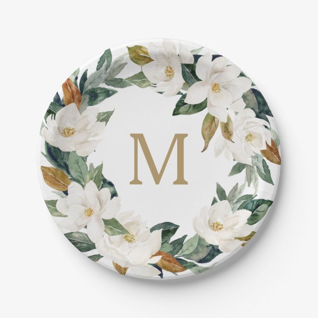 Magnolia Cotton Monogram Paper Plates (Front)