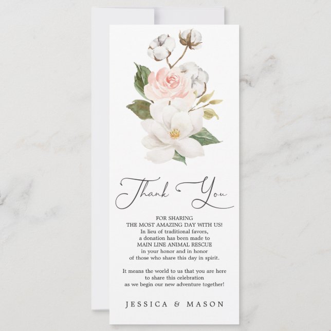 Magnolia Cotton Wedding Menu and Thank You Double Invitation (Back)