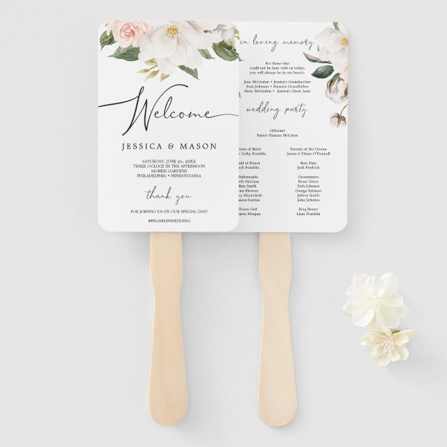 Magnolia Cotton Wedding Program Fan Loving Memory (Front and Back)
