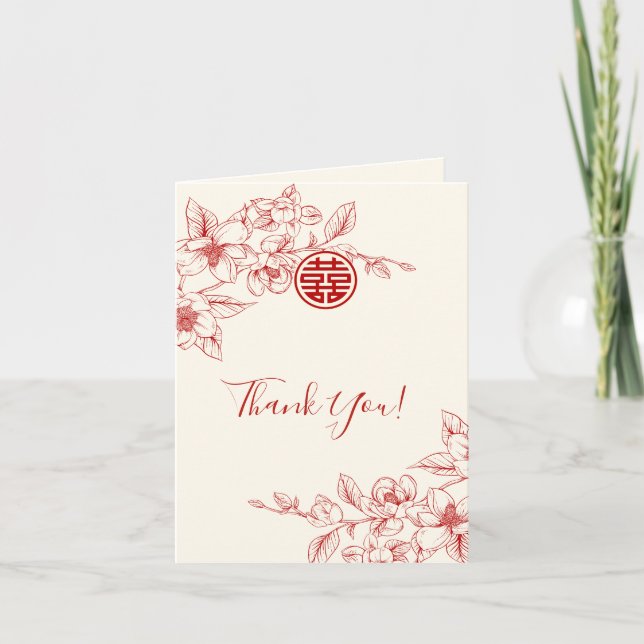 Magnolia Cream Photo Chinese Wedding Thank You Card (Front)
