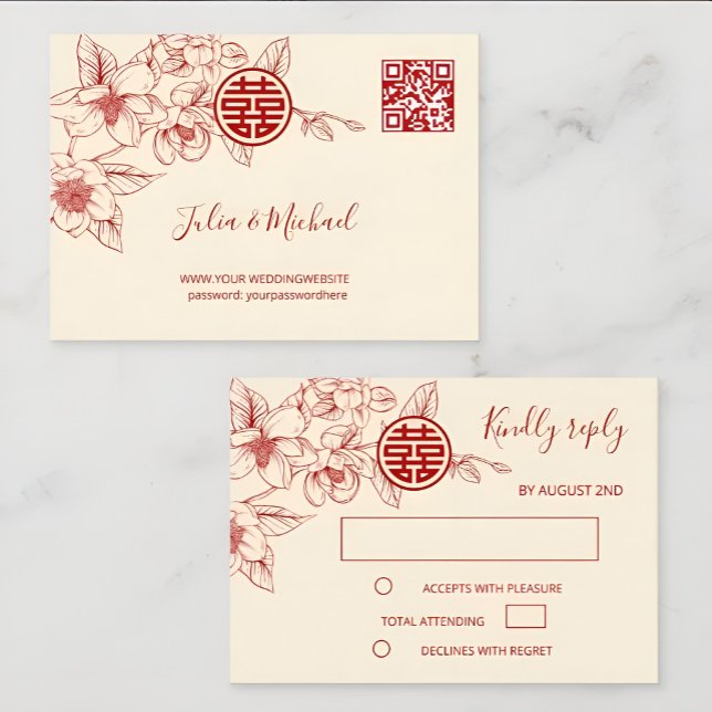 Magnolia Cream Red Chinese Wedding RSVP Card (Creator Uploaded)