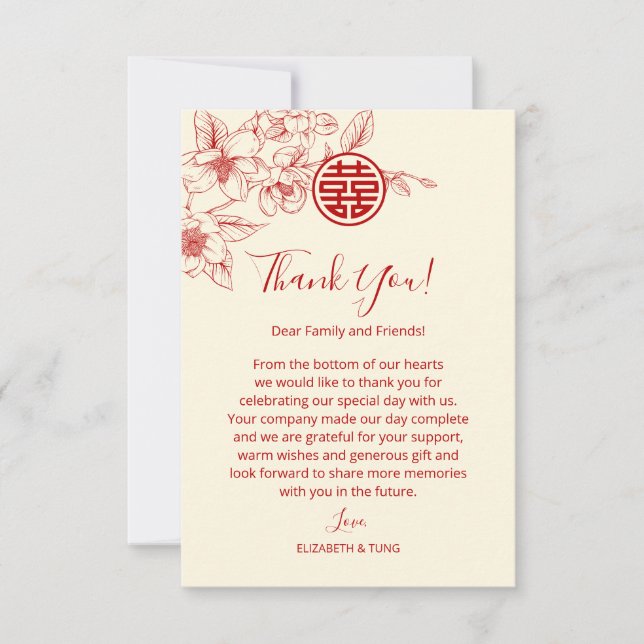Magnolia Cream Red Chinese Wedding Thank You Card (Front)