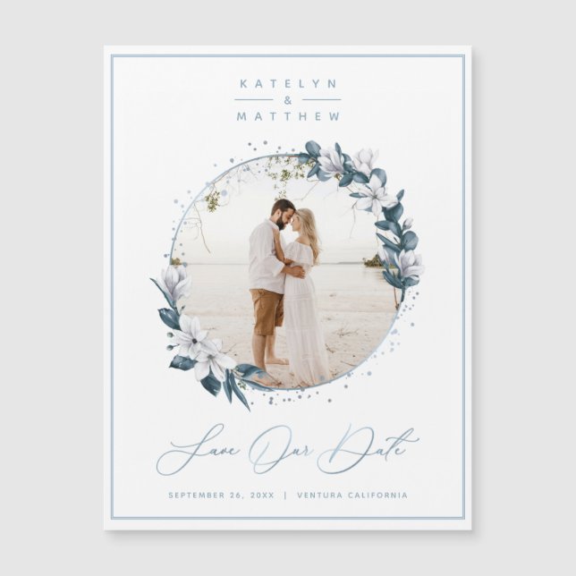Magnolia & Dusty Blue Circle Photo Save The Date (Front)