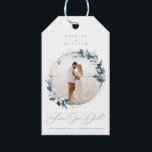Magnolia & Dusty Blue Circle Photo Save The Date Gift Tags<br><div class="desc">Rustic Chic Magnolia Floral with Dusty Blue Circle Framed Photo Save the Date Gift Tags. This design is elegant, airy, and romantic. With faux metallic Blue foil text and golden marble texture on the back side. Personalize it with your picture (you can even replace the marble back with your image)....</div>