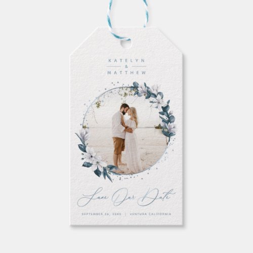 Magnolia  Dusty Blue Circle Photo Save The Date Gift Tags