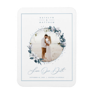 Magnolia & Dusty Blue Circle Photo Save The Date Magnet