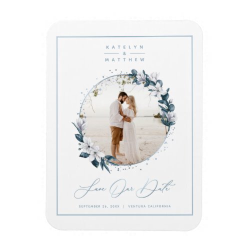 Magnolia  Dusty Blue Circle Photo Save The Date Magnet