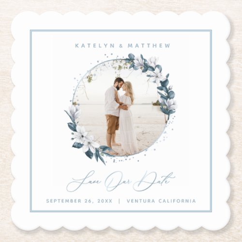 Magnolia  Dusty Blue Circle Photo Save The Date Paper Coaster