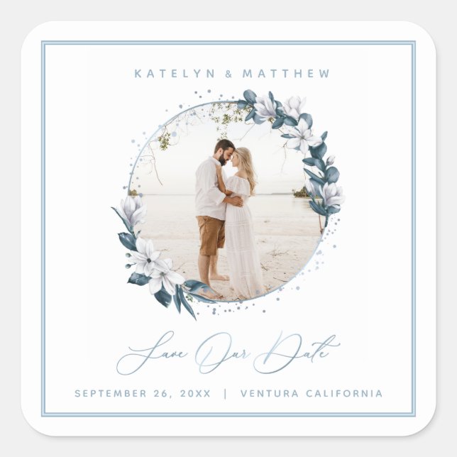 Magnolia & Dusty Blue Circle Photo Save The Date Square Sticker (Front)