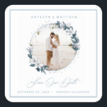 Magnolia & Dusty Blue Circle Photo Save The Date Square Sticker<br><div class="desc">Rustic Chic Magnolia Floral with Dusty Blue Circle Framed Photo Save the Date Square Stickers. This design is elegant, airy, and romantic. With faux metallic Blue foil text Personalize it with your picture. Wedding Save the Date custom photo cards! ~ Check my shop to see the entire suite for this...</div>