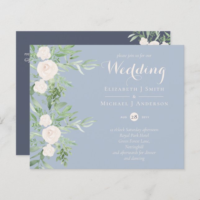 Magnolia Dusty Blue Flower Wedding Invites BUDGET (Front/Back)