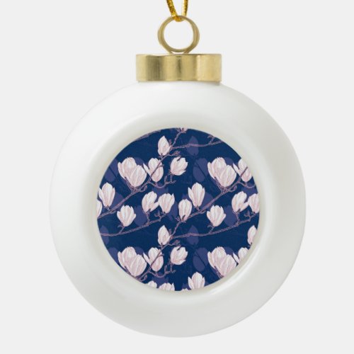 Magnolia Elegance Navy Spring Bloom Ceramic Ball Christmas Ornament