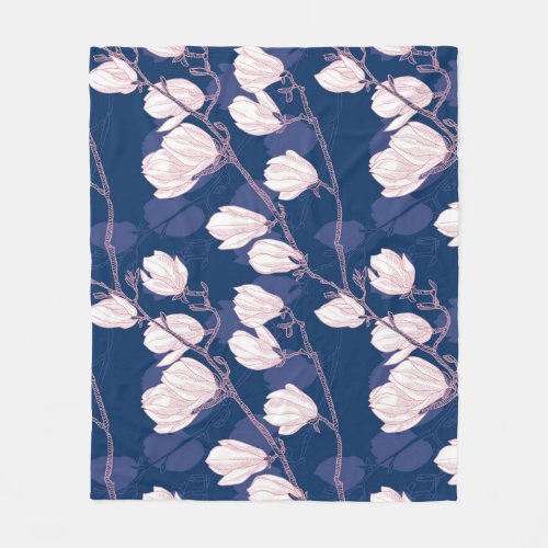 Magnolia Elegance Navy Spring Bloom Fleece Blanket
