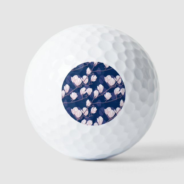 Magnolia Elegance: Navy Spring Bloom Golf Balls (Front)