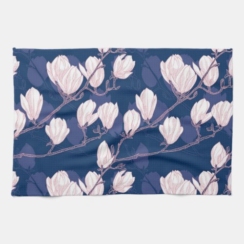 Magnolia Elegance Navy Spring Bloom Kitchen Towel