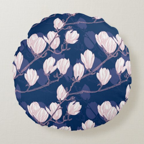 Magnolia Elegance Navy Spring Bloom Round Pillow