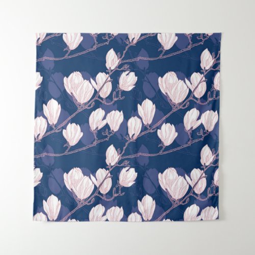 Magnolia Elegance Navy Spring Bloom Tapestry