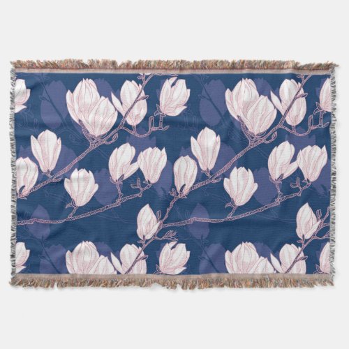 Magnolia Elegance Navy Spring Bloom Throw Blanket