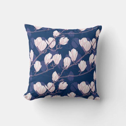 Magnolia Elegance Navy Spring Bloom Throw Pillow