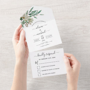 Magnolia Eucalyptus Greenery Elegant Wedding RSVP All In One Invitation