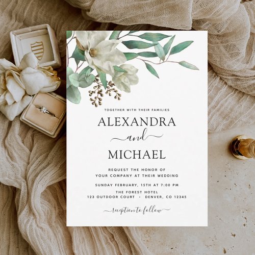 Magnolia Eucalyptus Watercolor Elegant Wedding Invitation
