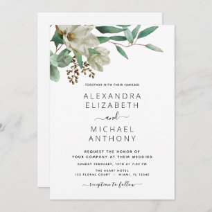 Magnolia Eucalyptus Watercolor Elegant Wedding Invitation