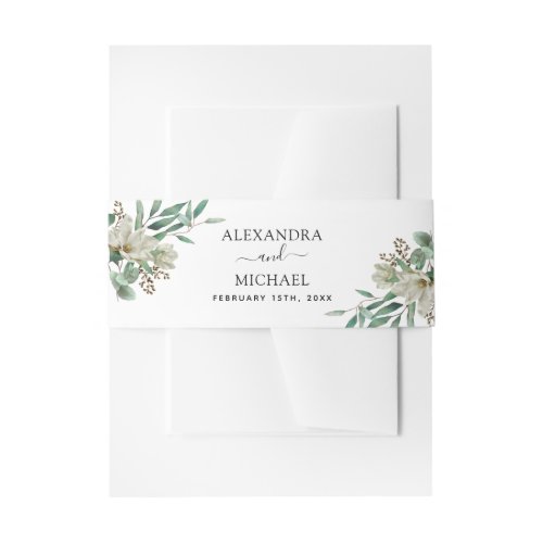 Magnolia Eucalyptus Watercolor Elegant Wedding Invitation Belly Band