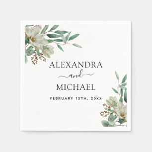 Magnolia Eucalyptus Watercolor Elegant Wedding Napkins