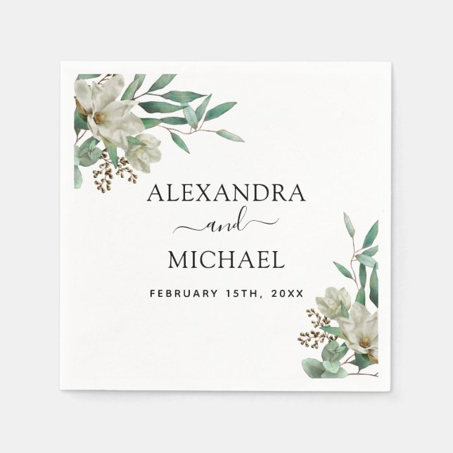 Magnolia Eucalyptus Watercolor Elegant Wedding Napkins (Front)