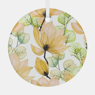Magnolia Eucalyptus: Watercolor Seamless Print Glass Ornament