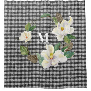 Magnolia Floral Black and White Check w Monogram Shower Curtain