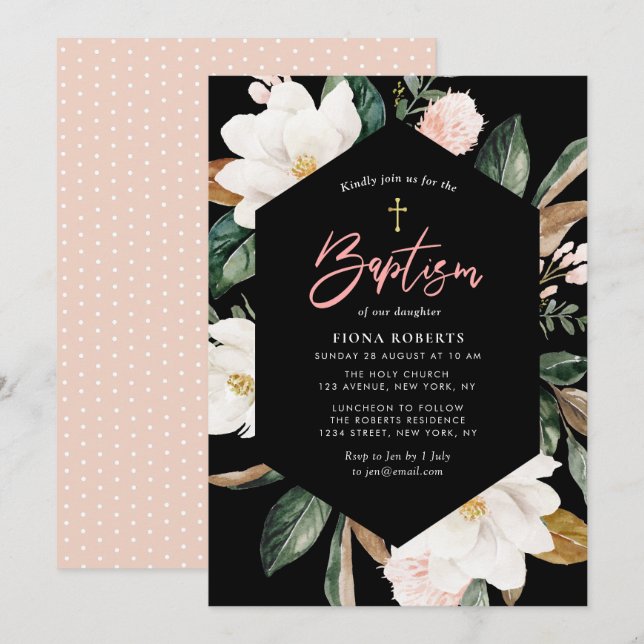 magnolia floral black Baptism invitation (Front/Back)