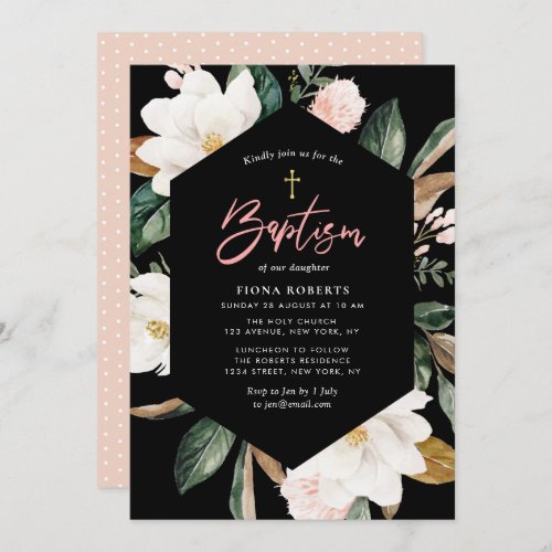 magnolia floral black Baptism invitation