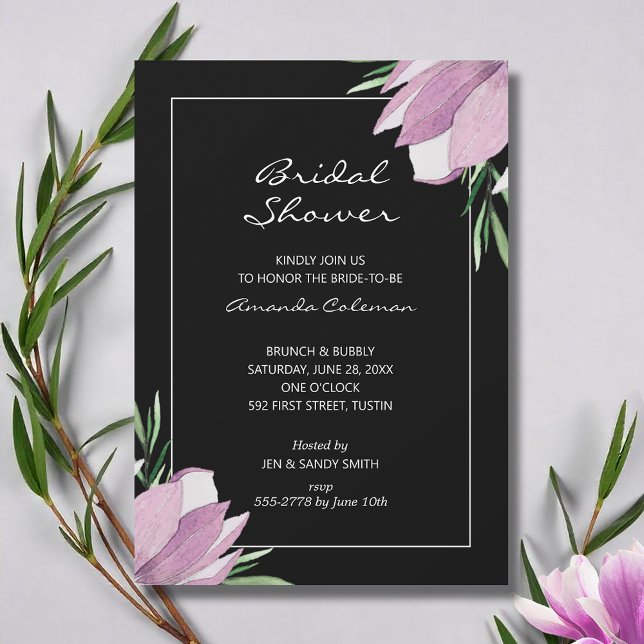 Magnolia Floral Black Bridal Shower Invitation (Watercolor magnolia flowers bridal shower invitations - INSTANT DOWNLOAD and/or PRINTED or both!)