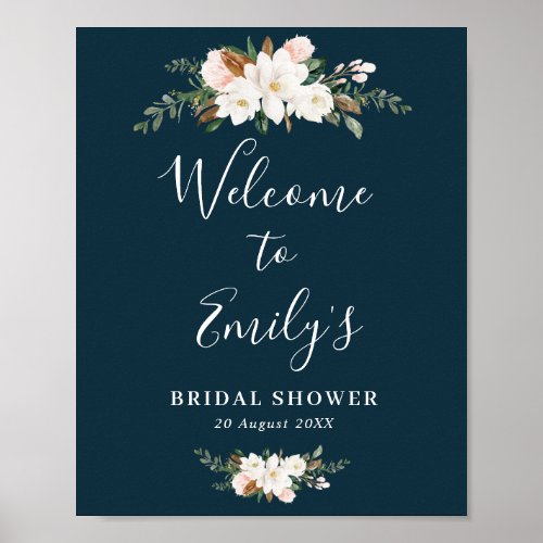 magnolia floral blue bridal shower welcome sign