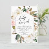 Magnolia floral blush gold girl baby brunch shower invitation (Standing Front)