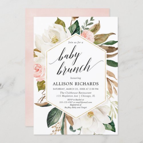 Magnolia floral blush gold girl baby brunch shower invitation