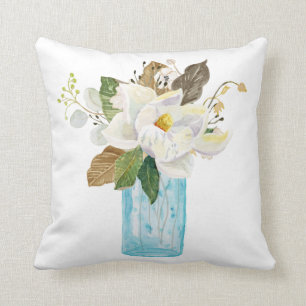 Magnolia Floral Bouquet Foliage Blue Glass Vase Throw Pillow