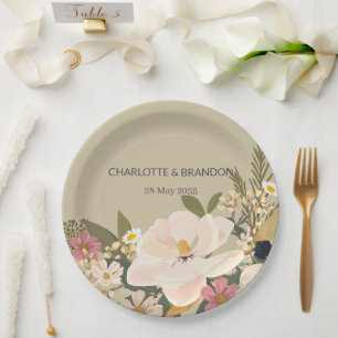 Magnolia Floral Bouquet Wedding Party Paper Plates