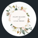 Magnolia Floral Classic Round Sticker<br><div class="desc">Seal your invitation envelopes or favors with these elegant botanical wedding stickers featuring your names framed by a watercolor magnolia,  cotton,  blush pink flowers and greenery. Coordinates with our Magnolia Floral wedding invitation suit.</div>
