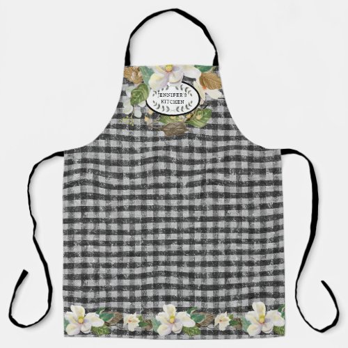 Magnolia Floral Farmhouse Black White Kitchen Name Apron