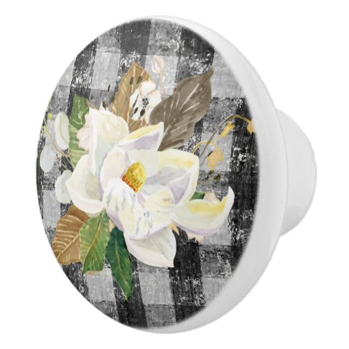 Magnolia Floral Farmhouse Rustic Black White Check Ceramic Knob