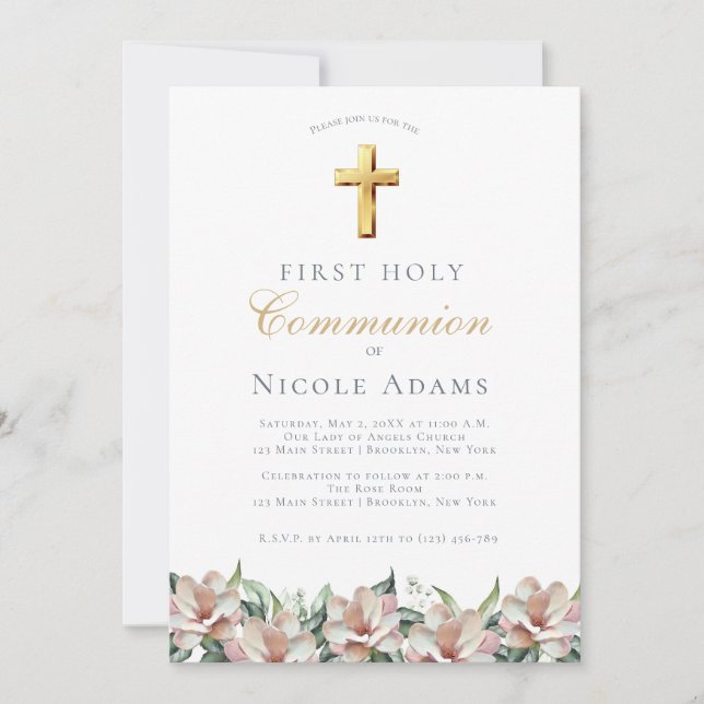 Magnolia Floral First Communion  Invitation (Front)