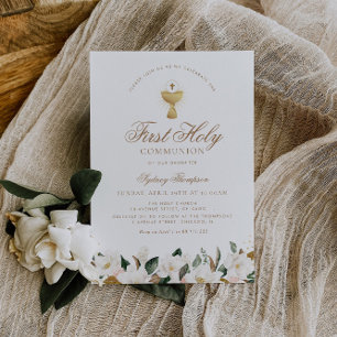 Magnolia floral first communion invitation