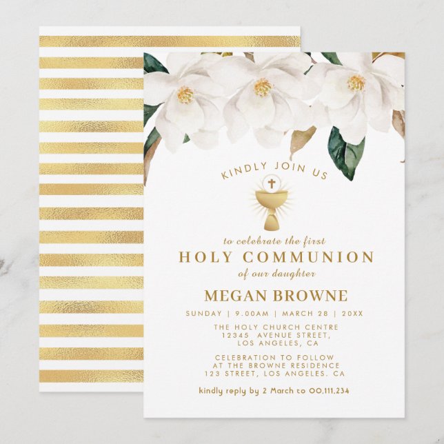 magnolia floral  first holy communion invitation (Front/Back)