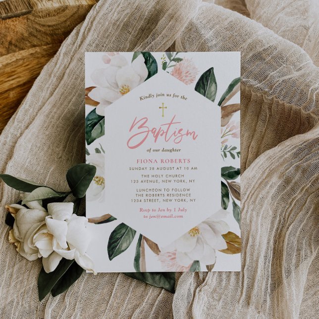 magnolia floral frame Baptism invitation (Creator Uploaded)